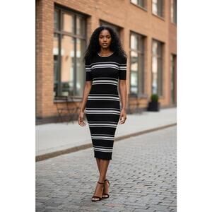 MPC Black and White Striped Ribbed Midi Dress